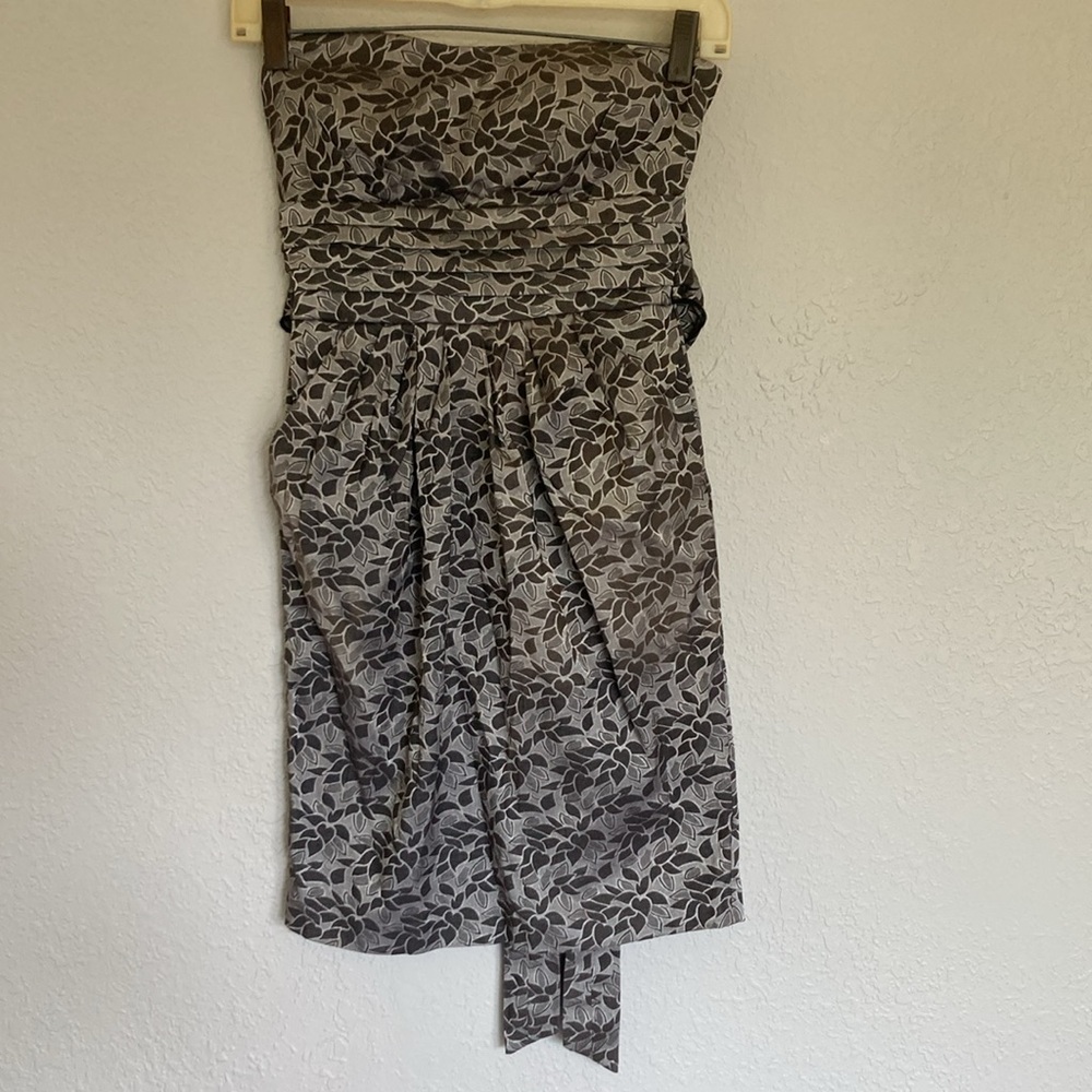 Maddy Paige Black/Silver Strapless Leaf Pattern Dress Pleated Gathered Waist